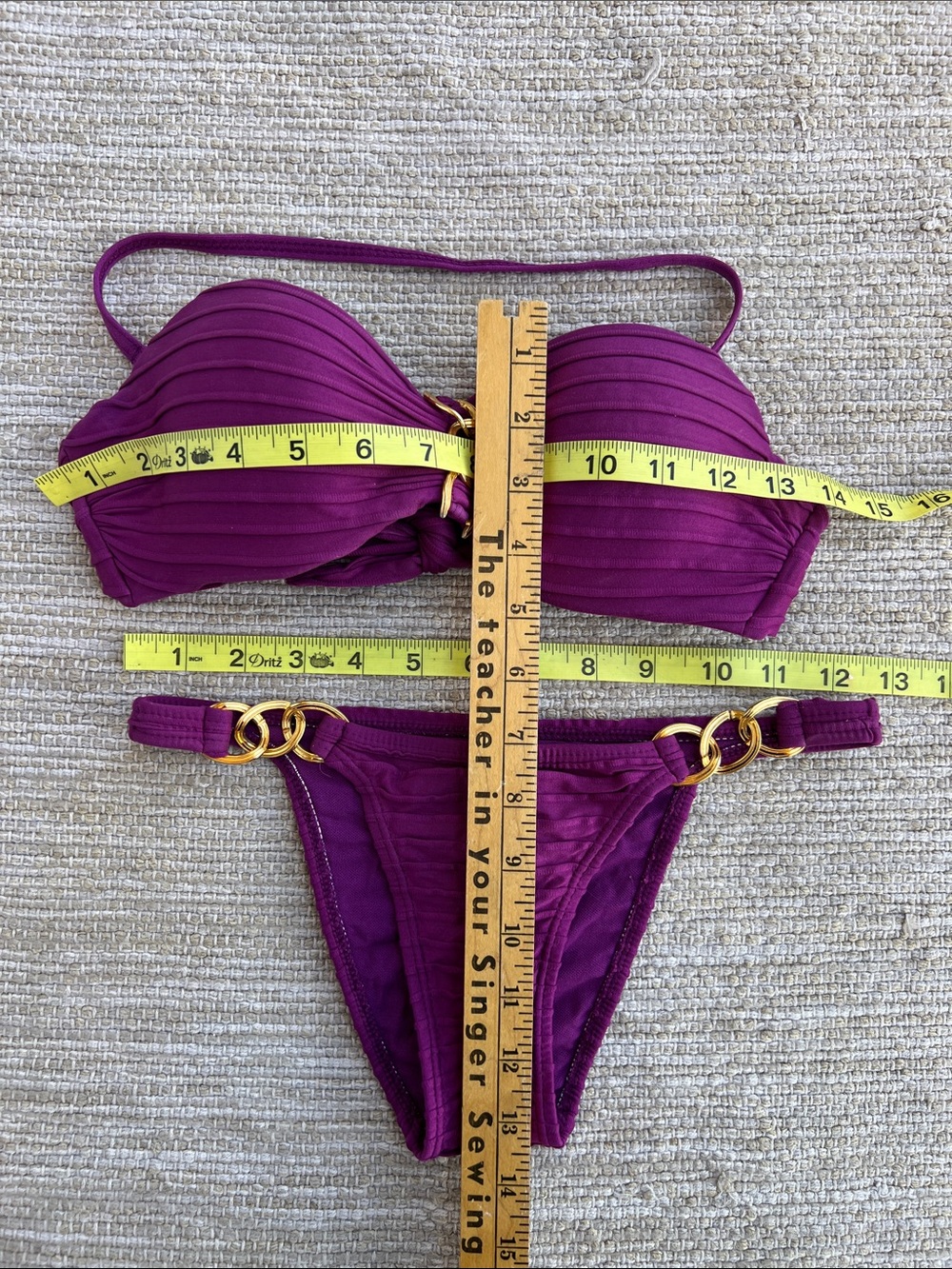 Lua Morena Purple Ribbed Bandeau Bikini Set with Gold Brass Ring Accents -Small - Picture 3 of 11